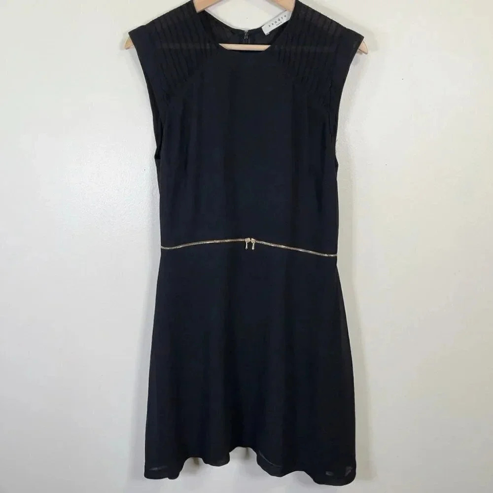 Sandro Paris Fit And Flare Gold Tone Waist Chiffon Black  Dress - Picture 5 of 16
